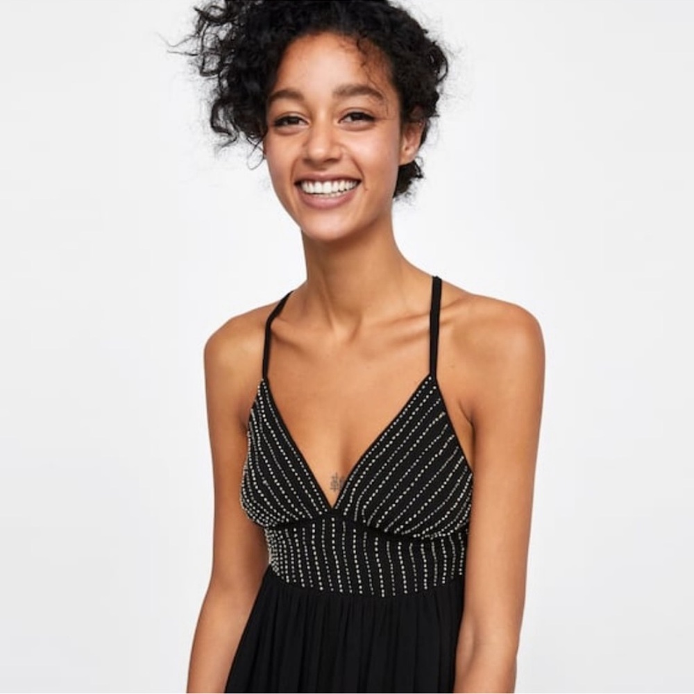 Zara Black Beaded Mini Dress Flowy Crepe Skirt V-Neck Size Small - Picture 7 of 10